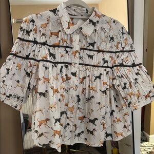Anthropologie New without tag Dog Print Blouse with Puff Sleeves sz L